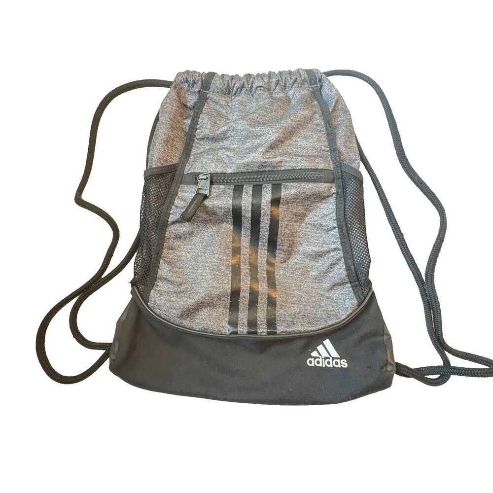 Adidas Sackpak Drawstring Back Pack Gym Bag Black & Grey Multiple Pockets